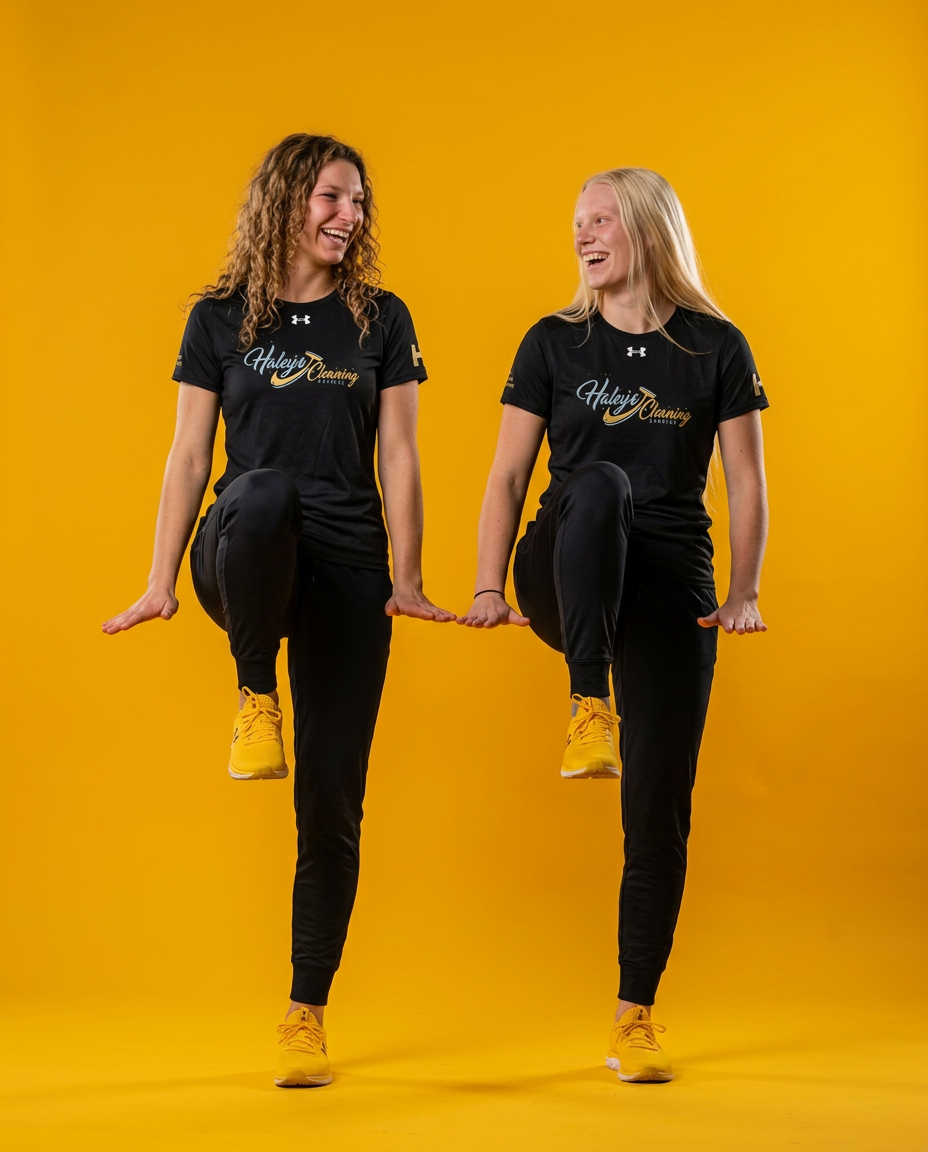 Two Haley's teammates in branded uniforms, studio high-kick pose on a gold backdrop