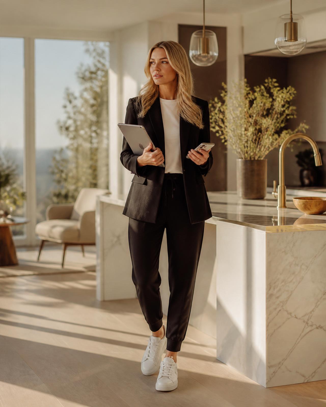 Haley's Home Concierge manager in a black blazer and joggers coordinating a luxury home